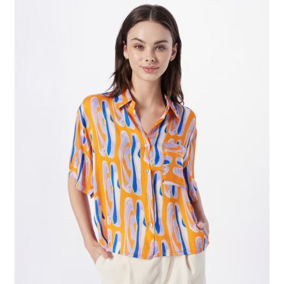 FRNCH Paris Women's size Medium Orange Blue Short Sleeve Button Down Shirt - Picture 1 of 10